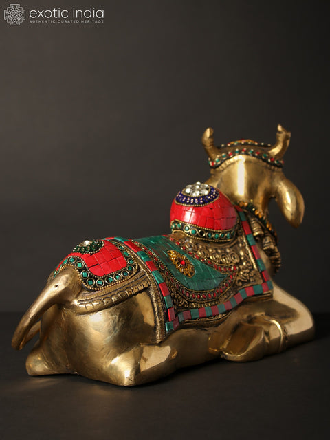 13" Nandi - Vahana of Lord Shiva | Brass Statue with Inlay Work