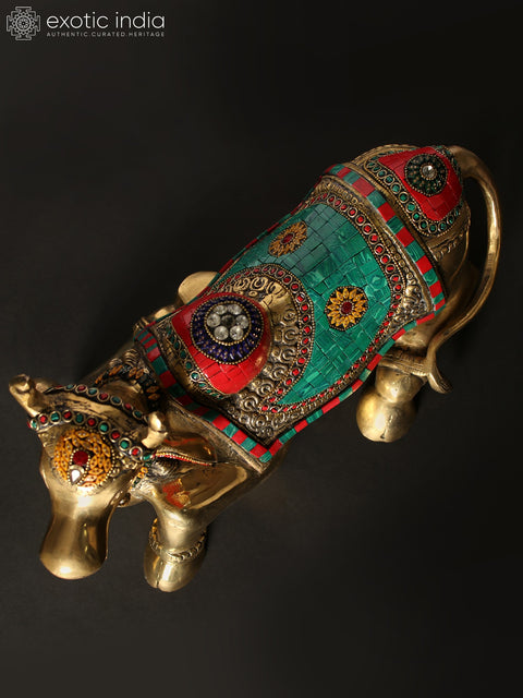 13" Nandi - Vahana of Lord Shiva | Brass Statue with Inlay Work