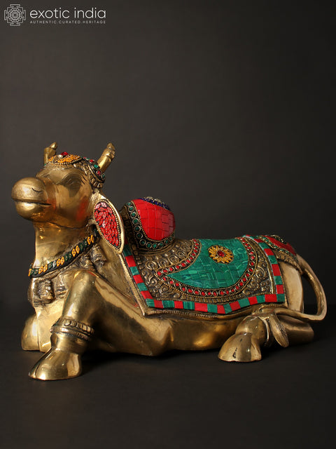 13" Nandi - Vahana of Lord Shiva | Brass Statue with Inlay Work