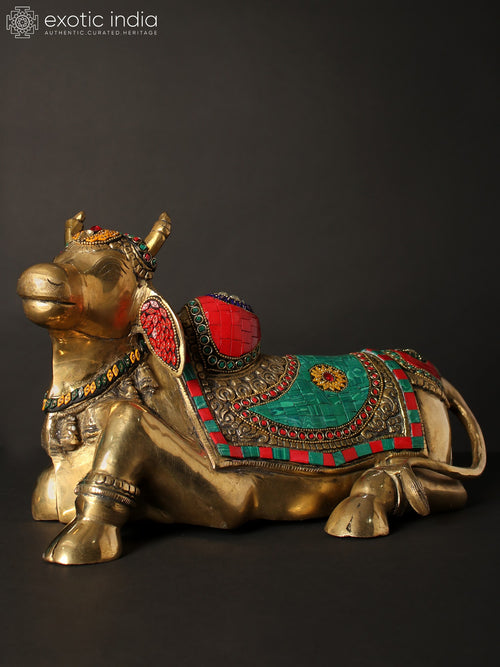 13" Nandi Brass Statue with Inlay Work - Handmade Vahana Idol