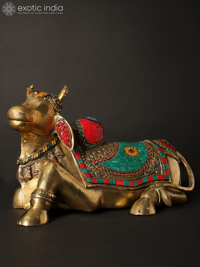13" Nandi Brass Statue with Inlay Work - Handmade Vahana Idol
