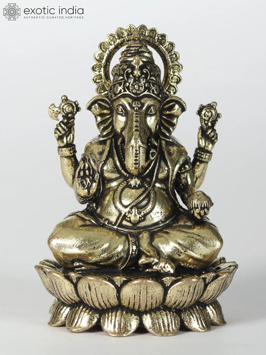 Small Lord Ganesha Seated on Lotus Pedestal Brass Idol