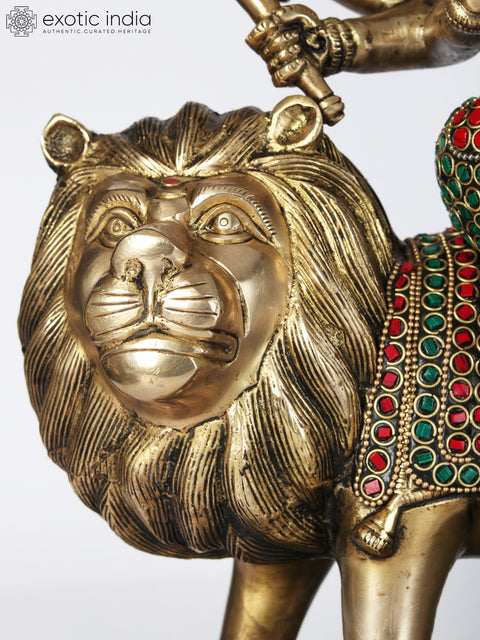 14" Brass Idol of Goddess Durga Seated on Lion | With Inlay Work