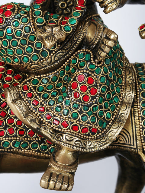 14" Brass Idol of Goddess Durga Seated on Lion | With Inlay Work