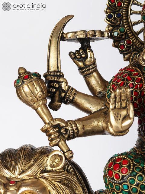 14" Brass Idol of Goddess Durga Seated on Lion | With Inlay Work