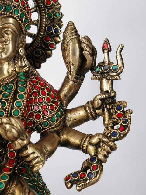 14" Brass Idol of Goddess Durga Seated on Lion | With Inlay Work