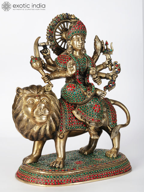 14" Brass Idol of Goddess Durga Seated on Lion | With Inlay Work