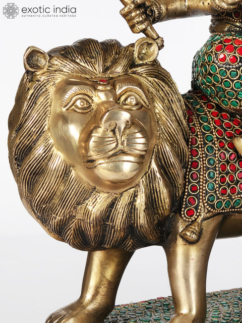 14" Brass Idol of Goddess Durga Seated on Lion | With Inlay Work