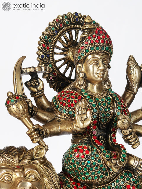 14" Brass Idol of Goddess Durga Seated on Lion | With Inlay Work