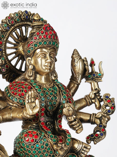 14" Brass Idol of Goddess Durga Seated on Lion | With Inlay Work