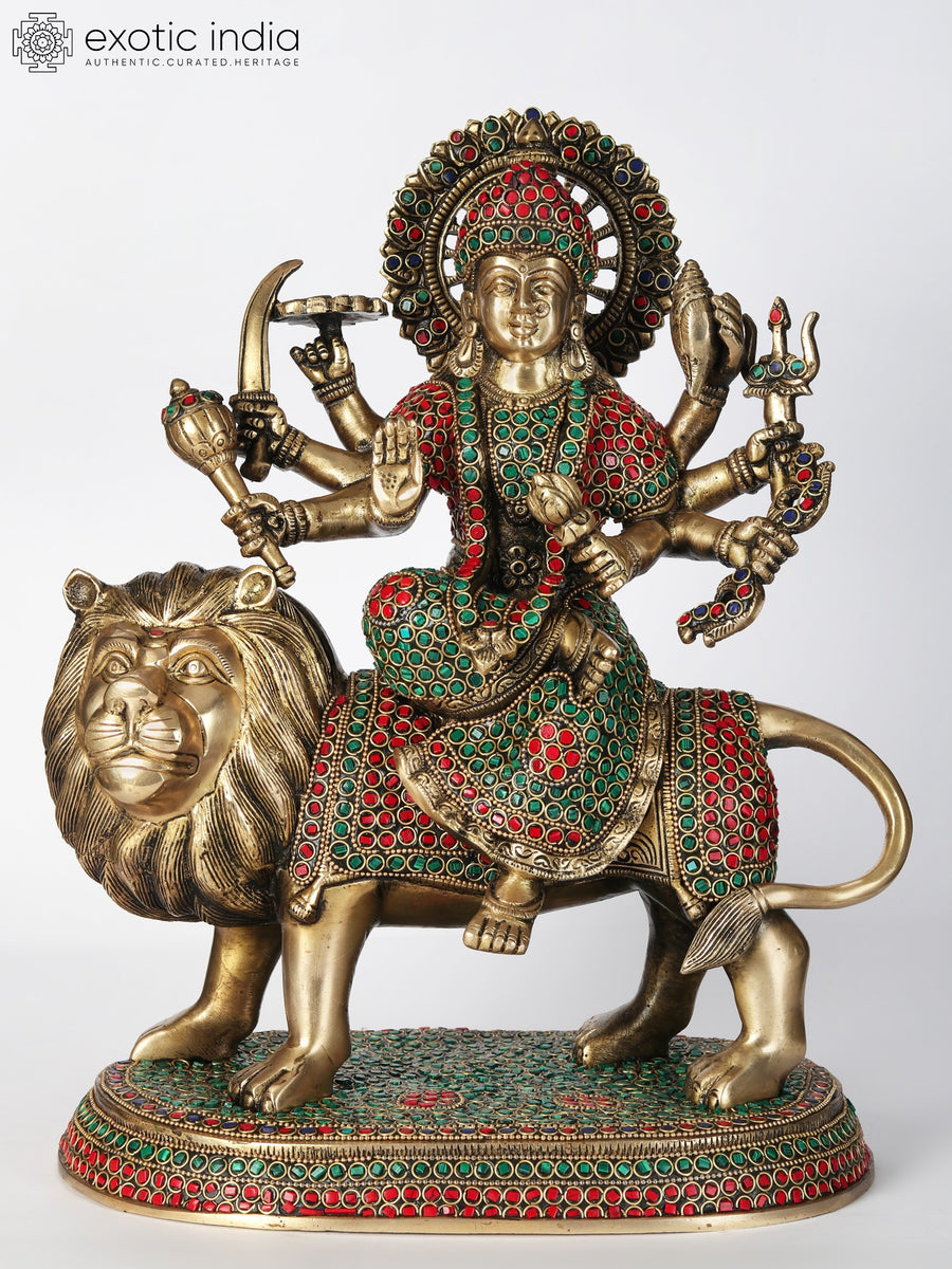 14" Brass Goddess Durga Idol on Lion with Inlay Work