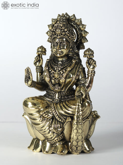 Small Brass Statue of Superfine Goddess Lakshmi Seated on Lotus | Multiple Sizes