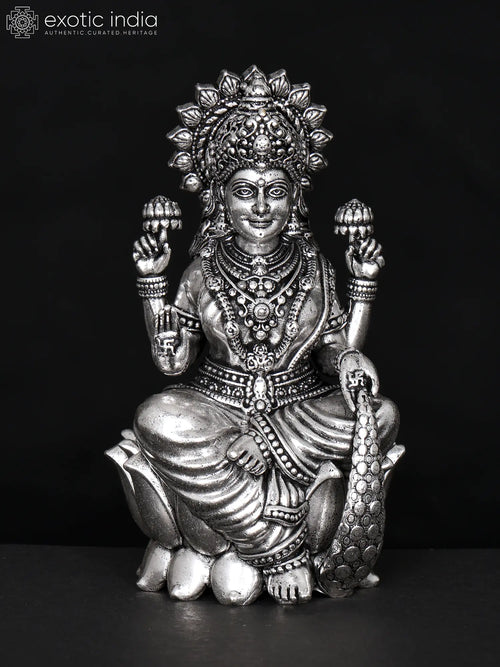 Brass Goddess Lakshmi Seated on Lotus Statue for Pooja