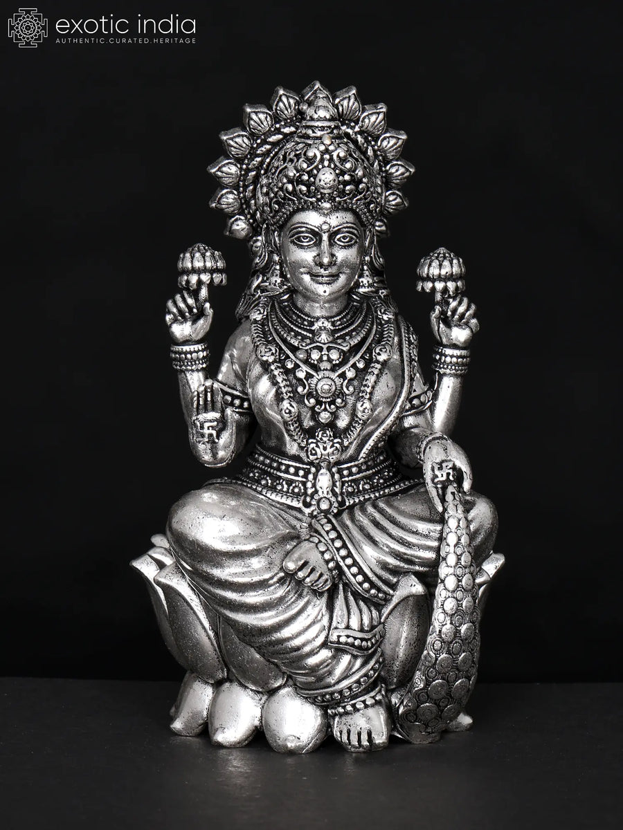 Brass Goddess Lakshmi Seated on Lotus Statue for Pooja