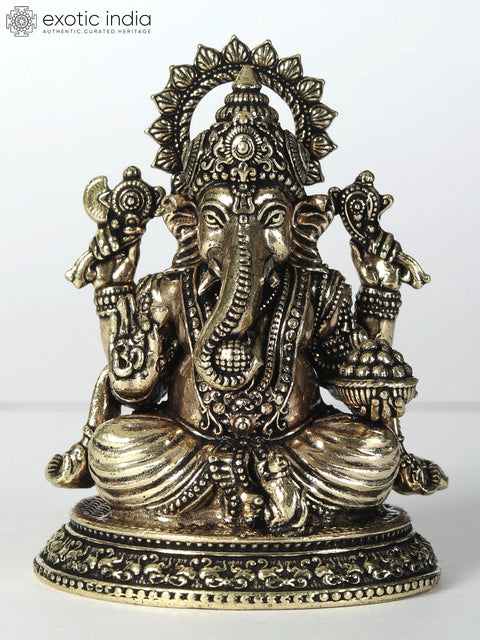 Small Chaturbhuja Lord Ganesha Statue with Laddu | Superfine Brass Idol