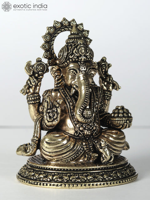 Small Chaturbhuja Lord Ganesha Statue with Laddu | Superfine Brass Idol