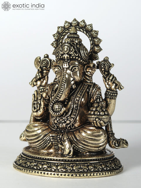 Small Chaturbhuja Lord Ganesha Statue with Laddu | Superfine Brass Idol