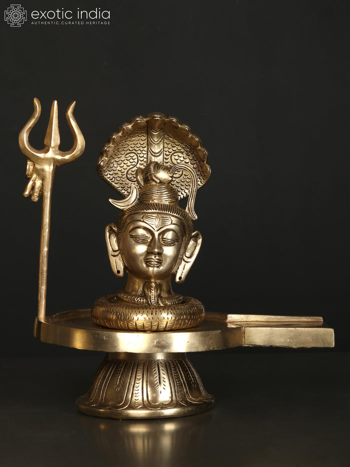 11" Brass Shiva Head Shivalinga with Vasuki Naag and Trident Statue