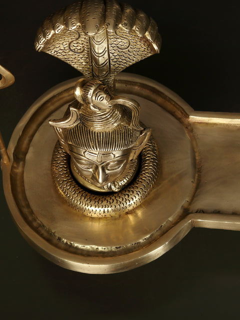 11" Brass Shiva Head Shivalinga with Vasuki Naag and Trident