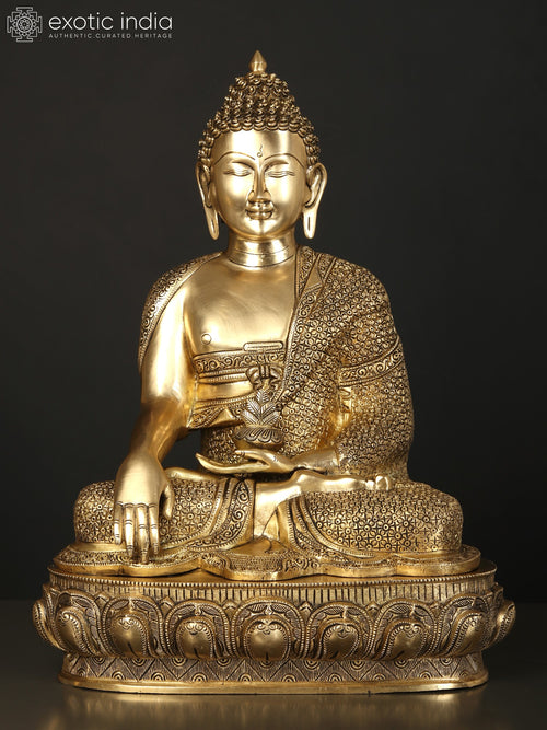 21" Handmade Bhumisparsha Buddha Brass Statue with Lotus Pedestal