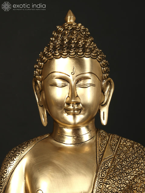 21" Fine Quality Bhumisparsha Buddha Seated on Lotus Pedestal | Brass Statue