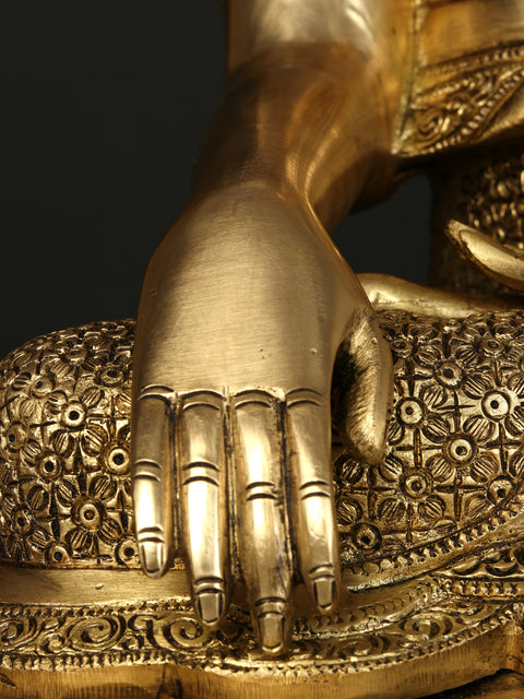 21" Fine Quality Bhumisparsha Buddha Seated on Lotus Pedestal | Brass Statue