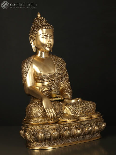 21" Fine Quality Bhumisparsha Buddha Seated on Lotus Pedestal | Brass Statue