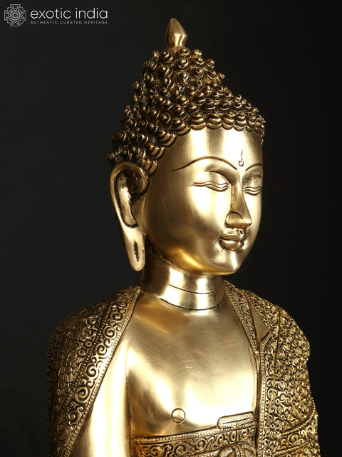 21" Fine Quality Bhumisparsha Buddha Seated on Lotus Pedestal | Brass Statue