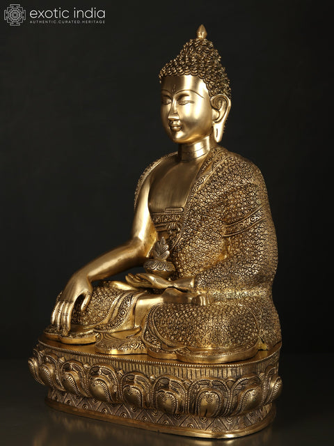 21" Fine Quality Bhumisparsha Buddha Seated on Lotus Pedestal | Brass Statue