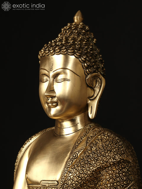 21" Fine Quality Bhumisparsha Buddha Seated on Lotus Pedestal | Brass Statue