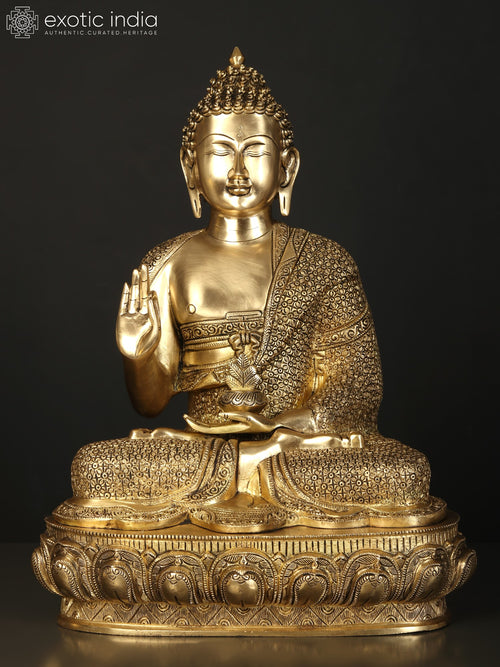 21" Blessing Buddha Brass Statue with Handcrafted Carved Robe