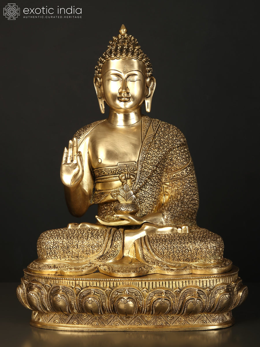 21" Blessing Buddha Brass Statue with Handcrafted Carved Robe