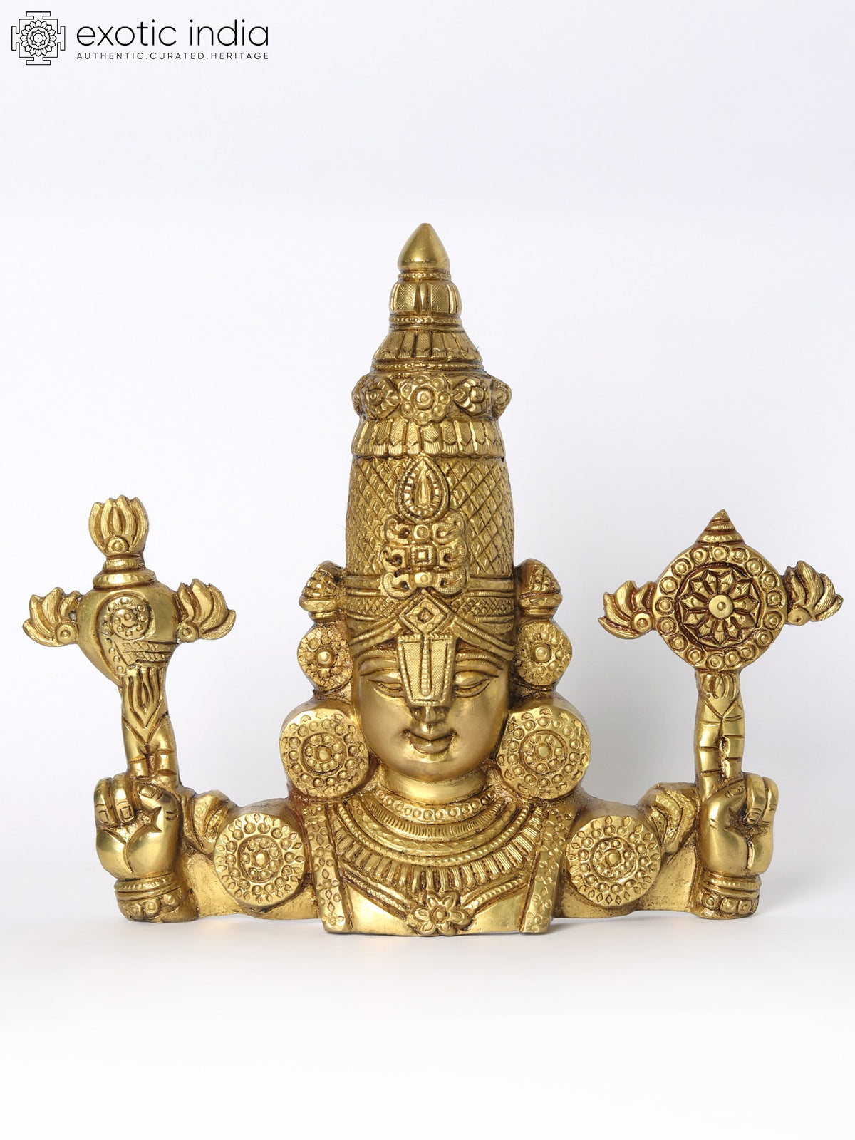 10" Brass Lord Tirupati Balaji Bust Statue With Vaishnava Symbols