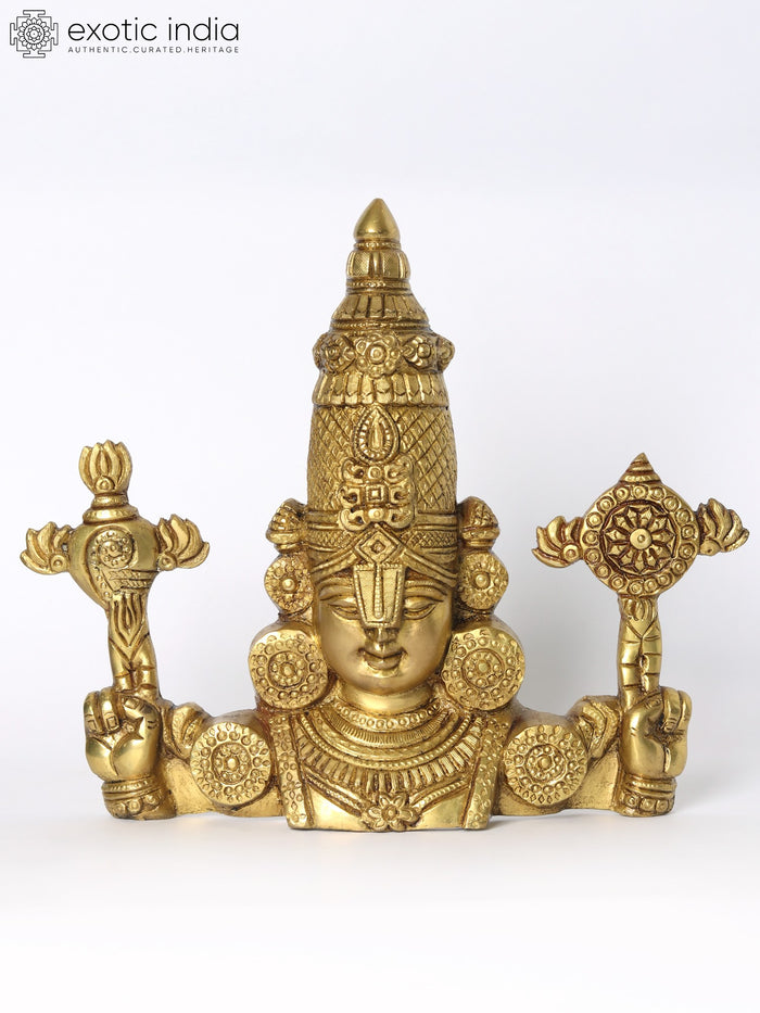 10" Brass Lord Tirupati Balaji Bust Statue With Vaishnava Symbols