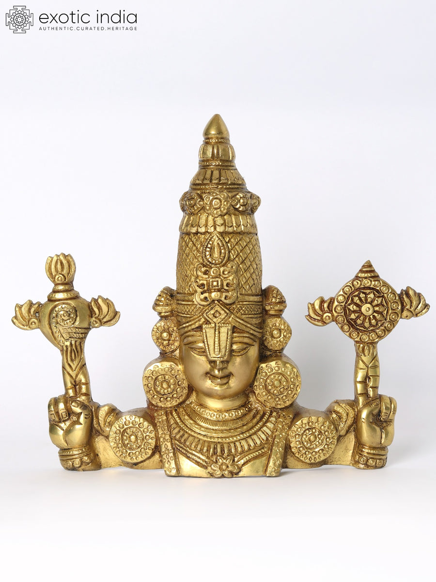 10" Brass Lord Tirupati Balaji Bust Statue With Vaishnava Symbols