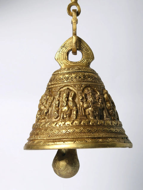 6" Brass Bell Of Lord Ganesha For Temple With Chain