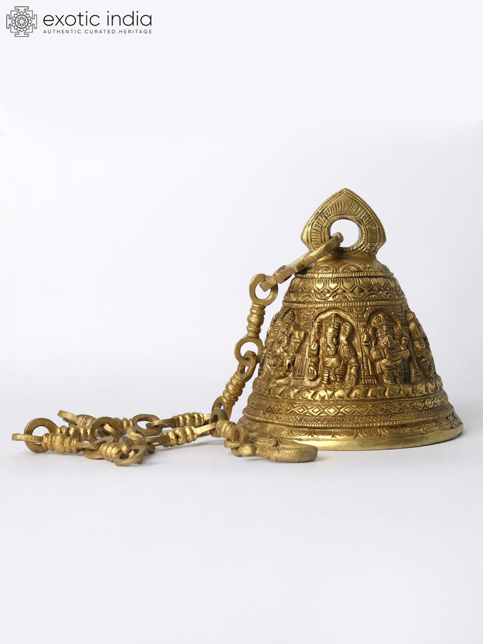 6" Brass Ganesha Bell with Chain for Pooja