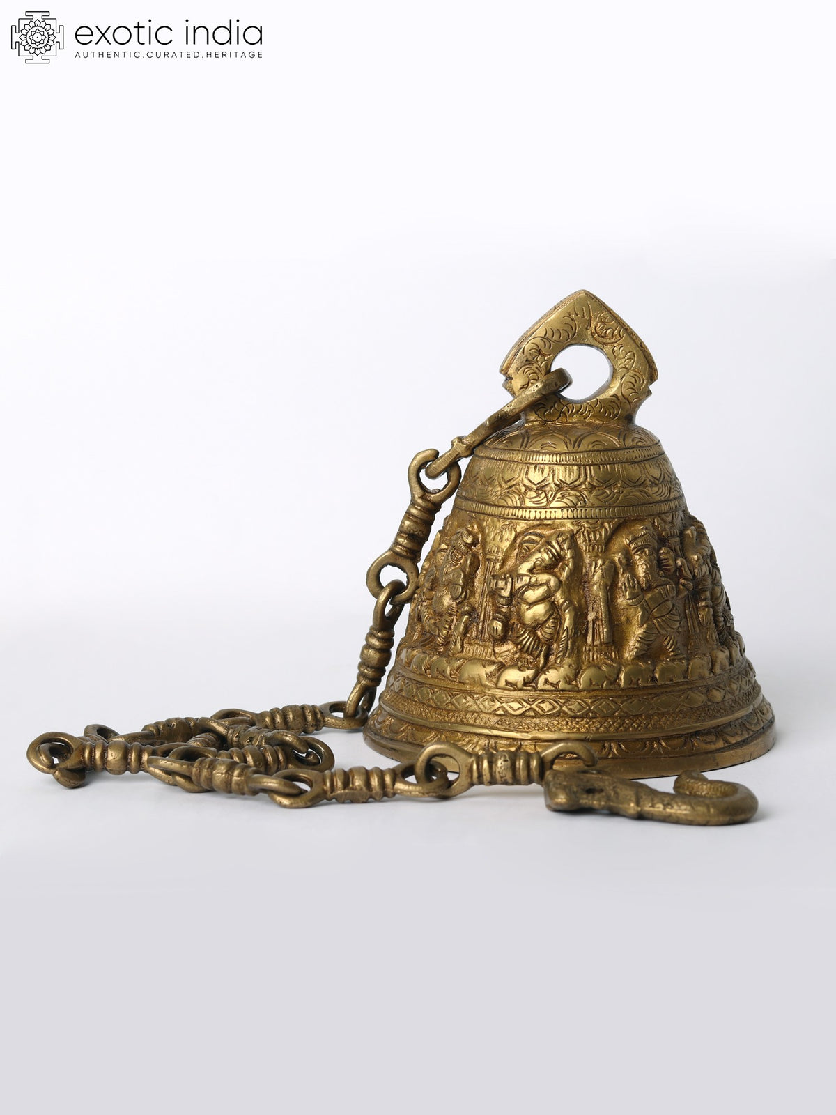 6" Brass Ganapati Floral Bell with Chain for Temple Pooja