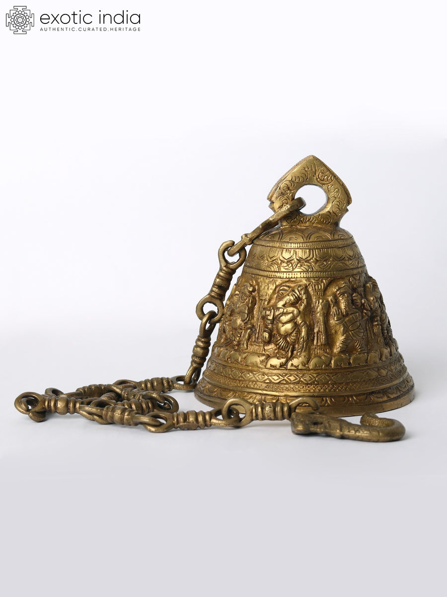 6" Brass Ganapati Floral Bell with Chain for Temple Pooja