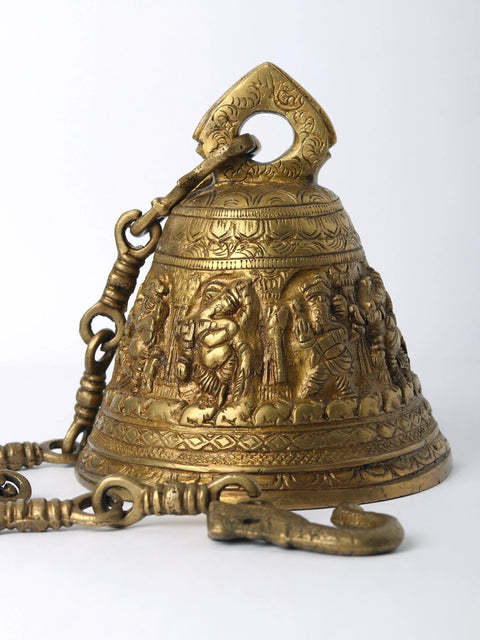6" Brass Floral Bell Of Lord Ganapati Bell For Temple With Chain