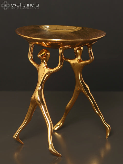 7" Round Tray Supported by Human Figures | Brass with Superfine 24 Karat Gold Plating