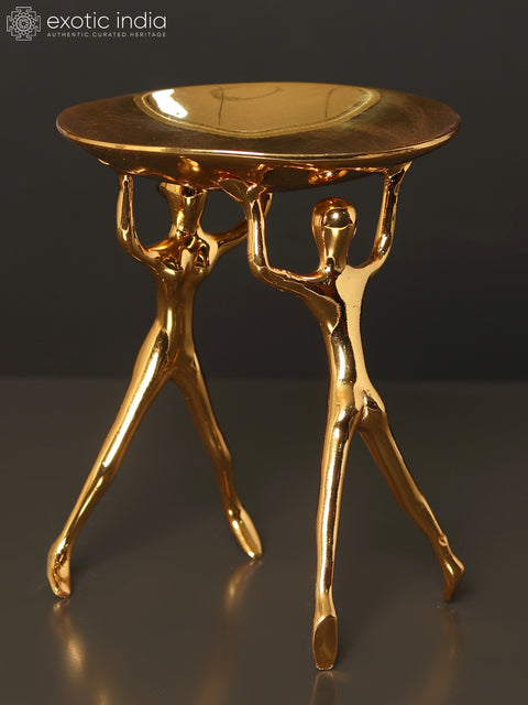 7" Round Tray Supported by Human Figures | Brass with Superfine 24 Karat Gold Plating