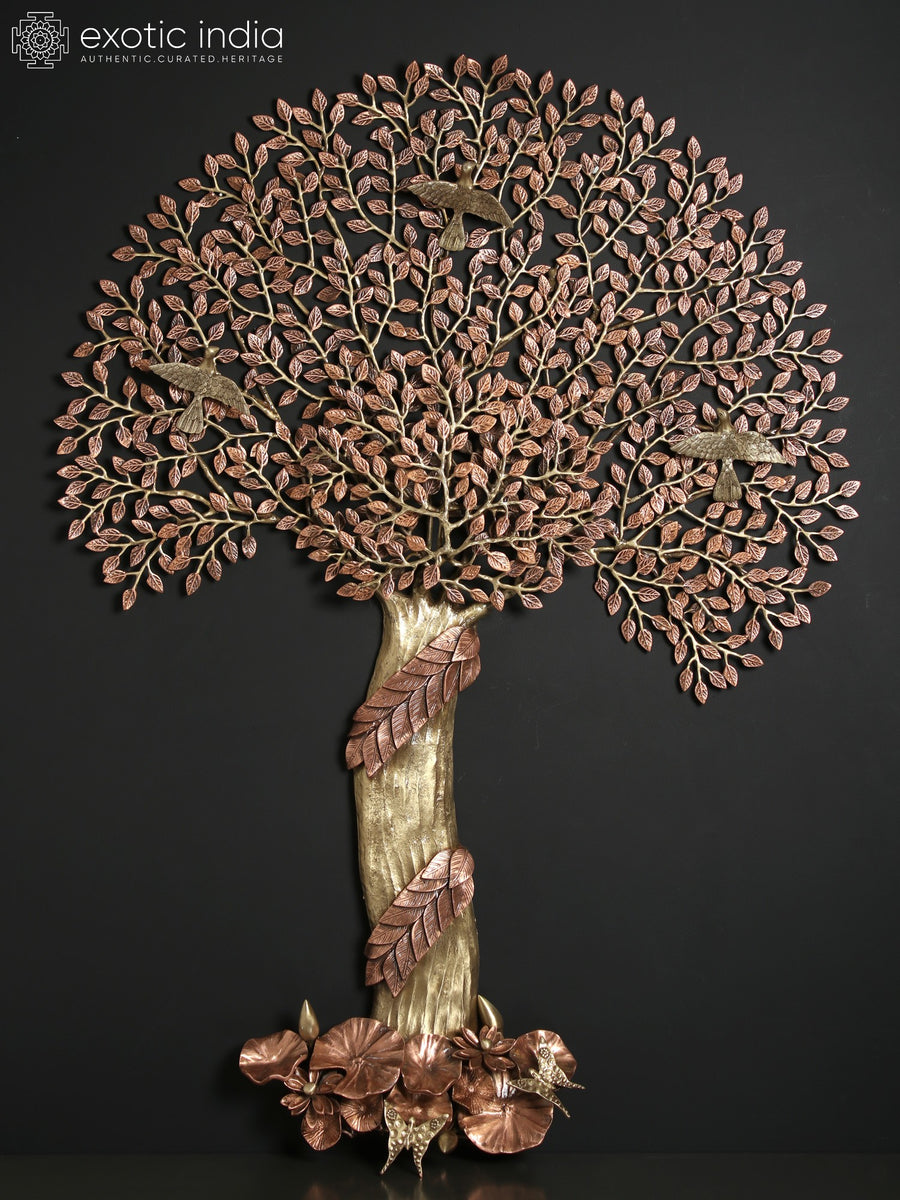 46" Large Tree of Life with Birds Brass Wall Hanging, 24K Rose Gold Plated