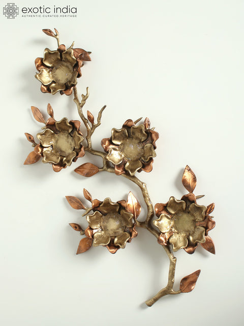 19" Decorative Magnolia Candle Stand with Branch | Brass with Rose Gold Plating