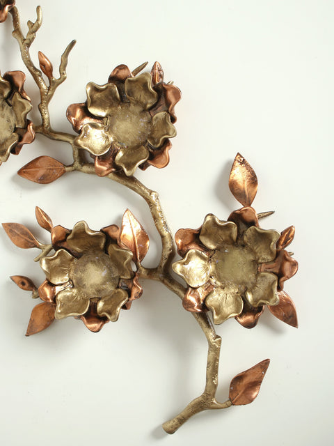 19" Decorative Magnolia Candle Stand with Branch | Brass with Rose Gold Plating
