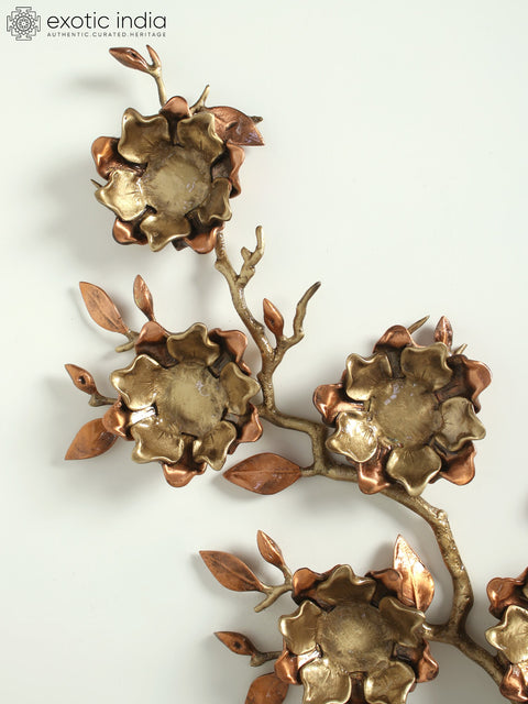 19" Decorative Magnolia Candle Stand with Branch | Brass with Rose Gold Plating