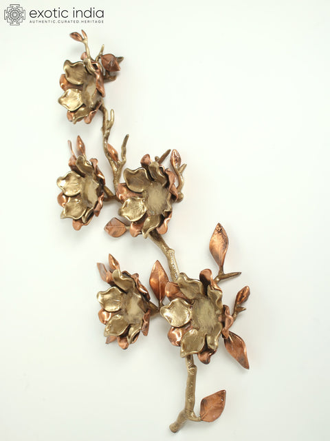 19" Decorative Magnolia Candle Stand with Branch | Brass with Rose Gold Plating