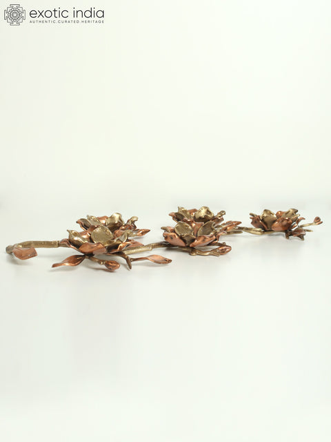 19" Decorative Magnolia Candle Stand with Branch | Brass with Rose Gold Plating