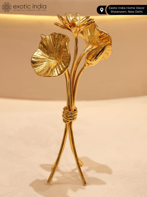 11" Decorative Bunch of Flowers and Buds with Stand | Table Decor | Brass with Superfine 24 Karat Gold Plating