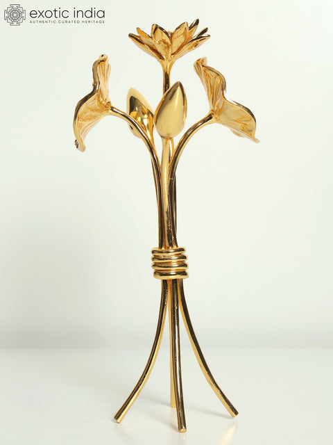 11" Decorative Bunch of Flowers and Buds with Stand | Table Decor | Brass with Superfine 24 Karat Gold Plating